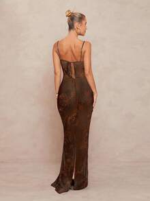 Lumalex 经典豹纹印花低胸细肩带透视紧身美人鱼连衣裙，大腿高开衩，系带 - 棕色 - 查看 2