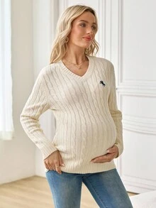 SHEIN Maternity Knight Pattern V-Neck Long Sleeve Casual Sweater, Autumn - White - View 4
