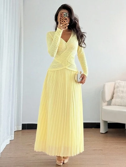 Rafferiza 女士优雅V领装饰纽扣纯色交叉褶边连衣裙