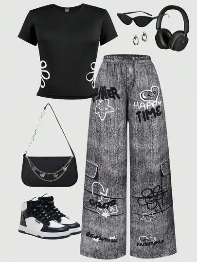 Conjunto de 2 piezas de camiseta de manga corta con estampado floral y pantalón cargo de verano, de moda casual y versátil para uso diario