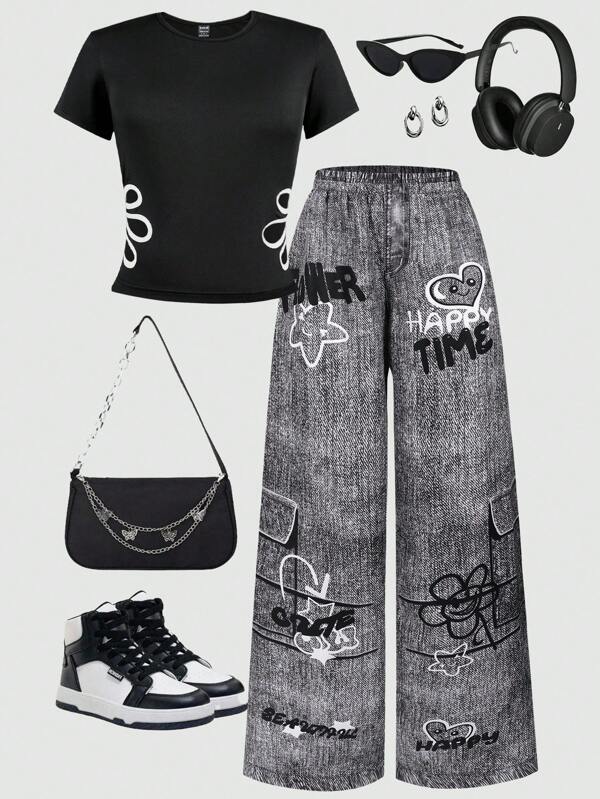 夏季新款时尚休闲日常个性百搭女式花卉印花短袖T恤和工装裤两件套