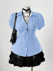 Sunspun 大码女式复古浪漫休闲时尚学院风条纹花卉印花多功能前开灯笼袖休闲衬衫，适合日常穿着、开学季、万圣节、节假日 - 藍白色 - 查看 3