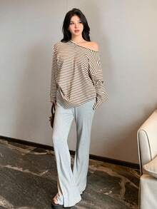 DAZY 女士宽松休闲条纹拼色长袖T恤，基本款长款上衣，适合秋季、春季和夏季 - 巧克力棕 - 查看 2