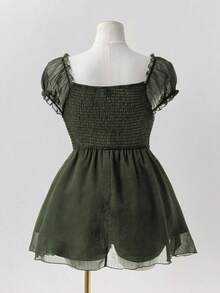 Sunspun Plus Size Elegant Solid Color Lace Trim Blouse, Summer - Dark Green - View 2