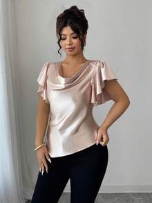 SHEIN Elenzya Áo thun tay ngắn dáng rộng màu trơn viền bất đối xứng thanh lịch cỡ lớn - Hồng - Xem 4