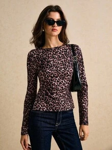 Poéselle Camiseta de mujer de moda con estampado de leopardo, parte delantera larga y parte trasera corta, top con estampado de guepardo, top para salir, nuevo año para mujeres, dinero viejo, elegante para mujeres, elegante para mujeres, otoño/invierno - Marrón - Ver 3