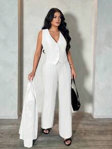 SHEIN SXY 三件套：深蓝色长袖西装外套、马甲和长裤，性感通勤约会套装，适合秋冬季、商务、复古、派对、度假、外出、老钱、妩媚动人、舞会、情人节、邮轮旅行、通勤、层次感丰富的搭配、约会之夜、聚会、极简主义、生日、正式场合、假期、休闲、端庄、时尚、休闲、购物、街头风、外出等场合。女士套装 白色西装 白色西装外套套装 秋季 - 白色 - 查看 3