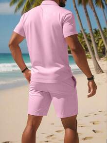 Manfinity Dauomo Men's Summer Solid Color Short Sleeve Polo Shirt And Shorts Casual Suit, Cozy Outfits - Baby Pink - View 2