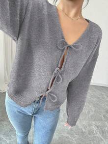 Selianne 女式纯色前系带长袖休闲衬衫，简约设计，适合日常穿着短款开衫黑色开衫女孩蝴蝶结开衫黑色开衫短款开衫 - 灰色 - 查看 5