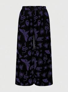 ROMWE Goth Plus Size Fashion Dark Moth Snake Skull Print Wide Leg Pants - Purple - View 1