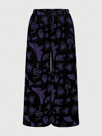 Goth Plus Size Fashion Dark Moth Snake Skull Print Wide Leg Pants