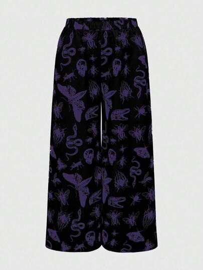 Goth Plus Size Fashion Dark Moth Snake Skull Print Wide Leg Pants