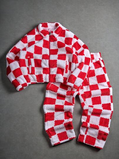 Manfinity EMRG Men's Casual Contrast Color Plaid Jacket And Pants Set, Autumn/Winter