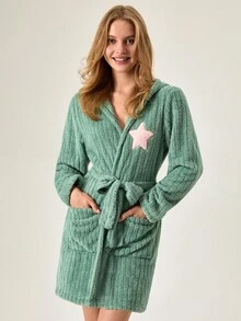 Loomlin 带腰带和大口袋的星星刺绣连帽浴袍 - 薄荷綠 - 查看 4