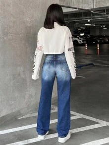 女式高腰口袋直筒宽松休闲百搭牛仔裤 - 中等水洗藍 - 查看 2