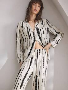 Ocili 舒适简约条纹女士睡衣套装，秋冬服装 - 黑與白 - 查看 4