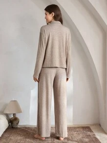 Ocili Bộ đồ ngủ dài tay họa tiết hoa màu xám cổ mềm thoải mái và quần dài cho nữ mùa lễ hội, quần áo thu đông - Màu Khaki - Xem 3