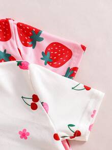 SHEIN 4 件套少女草莓图案针织柔软圆领短袖上衣和松紧腰紧身裤睡衣套装 - 彩色 - 查看 7