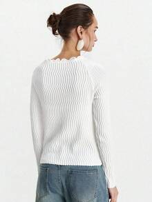 Lumivelle Women's Elegant Fashion Minimalist Versatile Fitted Crew Neck Textured Ruffle Collar Cardigan Sweater, Autumn/Winter Fall Cloth For Women - White - View 3