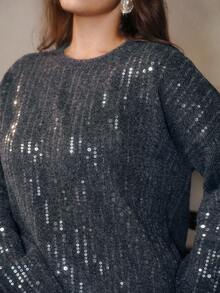 Anewsta Fashionable Design Heavily Embellished Sequin Embroidery Loose Crew Neck Plus Size Women Sweater, Suitable For Autumn, Fall, Winter, Going Out, Elegant, Formal, Party, Chic, New Year, Christmas, Work, Graduation, Wedding - Grey - View 2