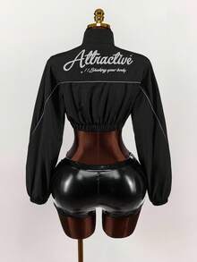 Amplova Áo khoác nữ mùa thu có chi tiết vá chữ tương phản viền ống màu đen - màu đen - Xem 2