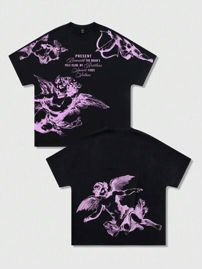 Street Life Men's Batwing Sleeve Printed Short Sleeve T-Shirt, Suitable For Everyday Wear In Spring/Summer, Halloween, 2000s Style