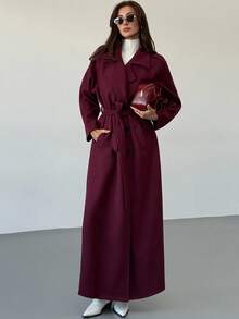 Aloruh 双排扣系腰长款大衣，纯色，适合秋冬季节穿着。 - 中紫紅色 - 查看 2