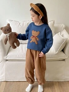 Genkimix Kids Conjunto de pantalones de chándal de forro polar con aplicación de oso estilo coreano para niña joven - Azul - Ver 5