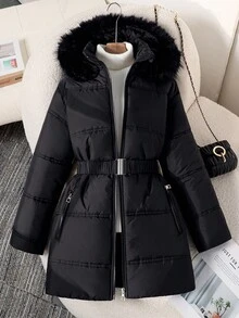Girls' Casual Hooded Padded Coat With Fur Collar, Elastic Waist Belt, Pockets And Zipper Design, Loose Fit, Comfortable For Autumn/Winter, Suitable For Daily, Commuting, Outdoor, Party And Photo Shooting Fall - Black - View 6