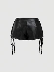 SHEIN MOD 黑色复古魅力宫廷短裤，交叉系带细节，饰有铆钉，非常适合西部风、假日风、Y2K 氛围和别致的下午茶约会 - 黑色 - 查看 2