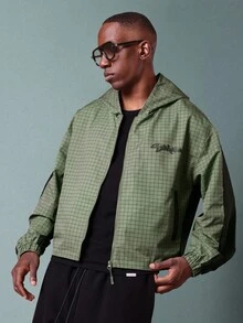 SUMWON Classic Grid Print Windbreaker Jacket With Hood Zip Front Quarter Panel Design Monochrome Check Pattern Street Style Casual Lightweight Spring Fall Fashion - Multicolor - View 5