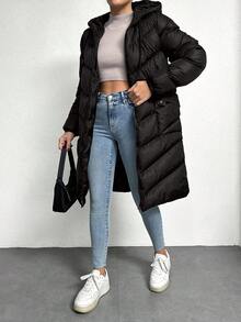 EURMUSE Women's Hooded Drawstring Padded Jacket - Black - View 1