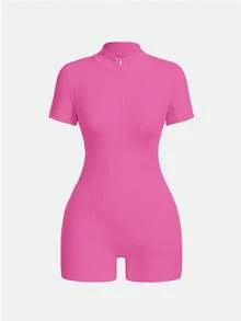Ribbed Knit Jumpsuit With Half Zip - Fuchsia Pink - View 4
