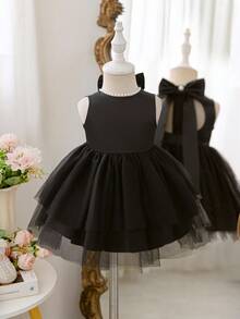 SHEIN Babygirl 优雅可爱的黑色缎面网眼无袖连衣裙