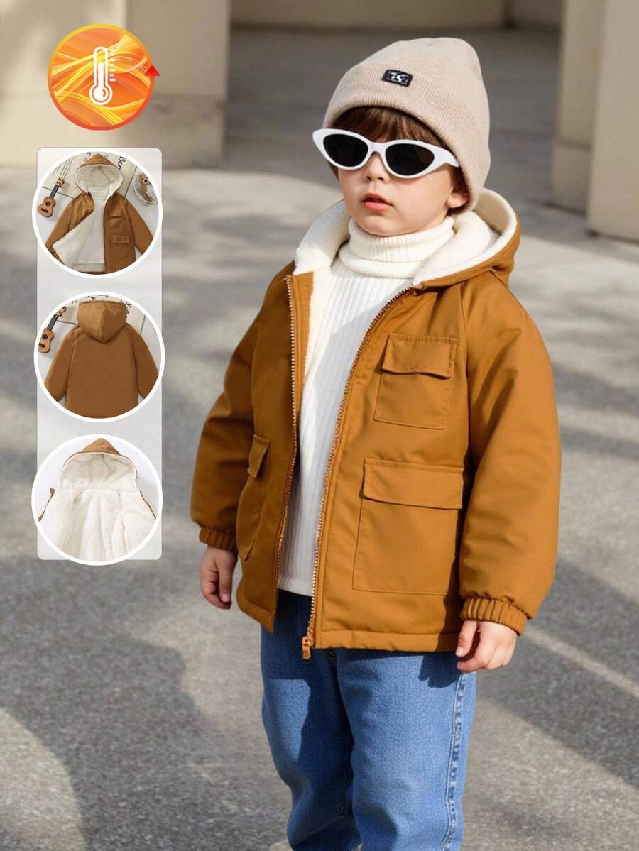 SHEIN 1 件年轻男孩休闲风格卡其色加厚白色羊毛连帽长袖连体裤，简约时尚个性化百搭，适合 4-7 岁男孩日常休闲装返校季