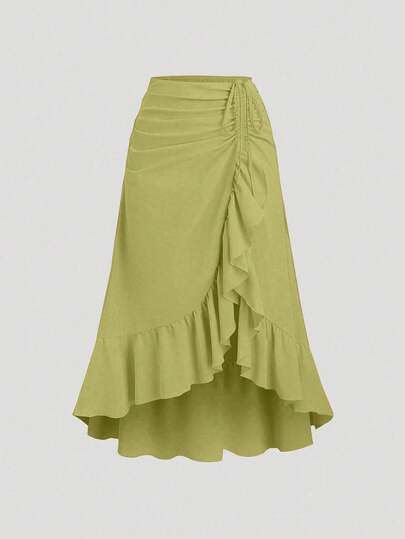 Sweetra Women's New V-Shaped Hem Ruffle Drawstring Waist Layered Skirt, Retro Style, Wine Red, Spring/Summer, Suitable For Valentine's Day, Party, Bohemian Fall Cloth For Women