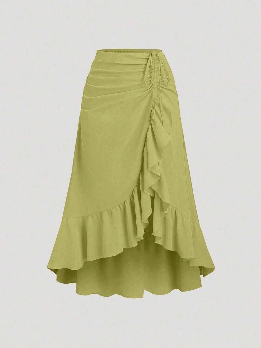 Sweetra Fustă nouă pentru femei, în formă de V, cu volane, cu șnur în talie, stil retro, roșu vin, primăvară/vară, potrivită pentru Ziua Îndrăgostiților, petrecere, boemă