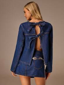 Avantive Women's Navy Blue Autumn Western Denim Top,Elegant Sleeveless A Line Backless Bow Fashion Night Out Party Cocktail Streetwear Y2k Casual Clubwear - Dark Wash - View 2