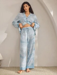 Ocili Comfortable Natural Geometric Mountain Texture Pattern Loose Long Sleeve Top & Pants Women Pajama Set Lounge Sets For Women Sleepwear, Fall Winter Clothes - Blue - View 5