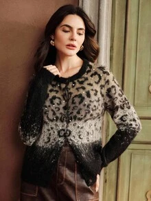 Anewsta Women's Casual Short Rhinestone Leopard Print Knit Cardigan - Multicolor - View 3