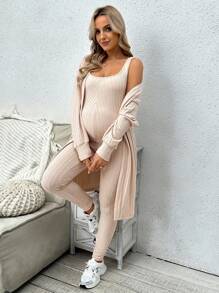 SHEIN Bộ 2 áo liền quần và áo khoác dệt kim gân cho bà bầu - Màu be - Xem 5