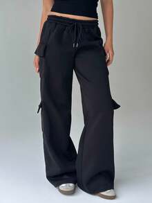 FavEase 女士灰色低腰抽绳系带工装口袋阔腿休闲运动裤，极简主义街头服饰，秋季 - 黑色 - 查看 3