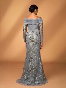 Serin Robe sirène à manches longues en satin élastique froncé, avec patchwork de dentelle brodée de sequins. Élégante et luxueuse, convient pour le mariage, les fêtes, les enterrements de vie de jeune fille, les vacances, le bal de promo, la mère de la mariée. - Gris - Voir 3