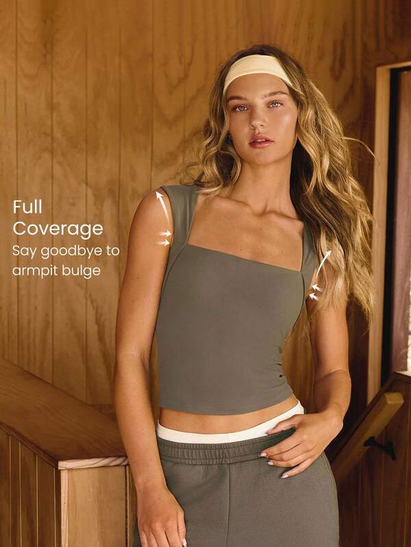 GLOWMODE FeatherFit™ Full Underarm Hip Length Square Neck Basic Tank Top Low Impact Yoga Pilates Studio Daily Removable Cups Fall Winter