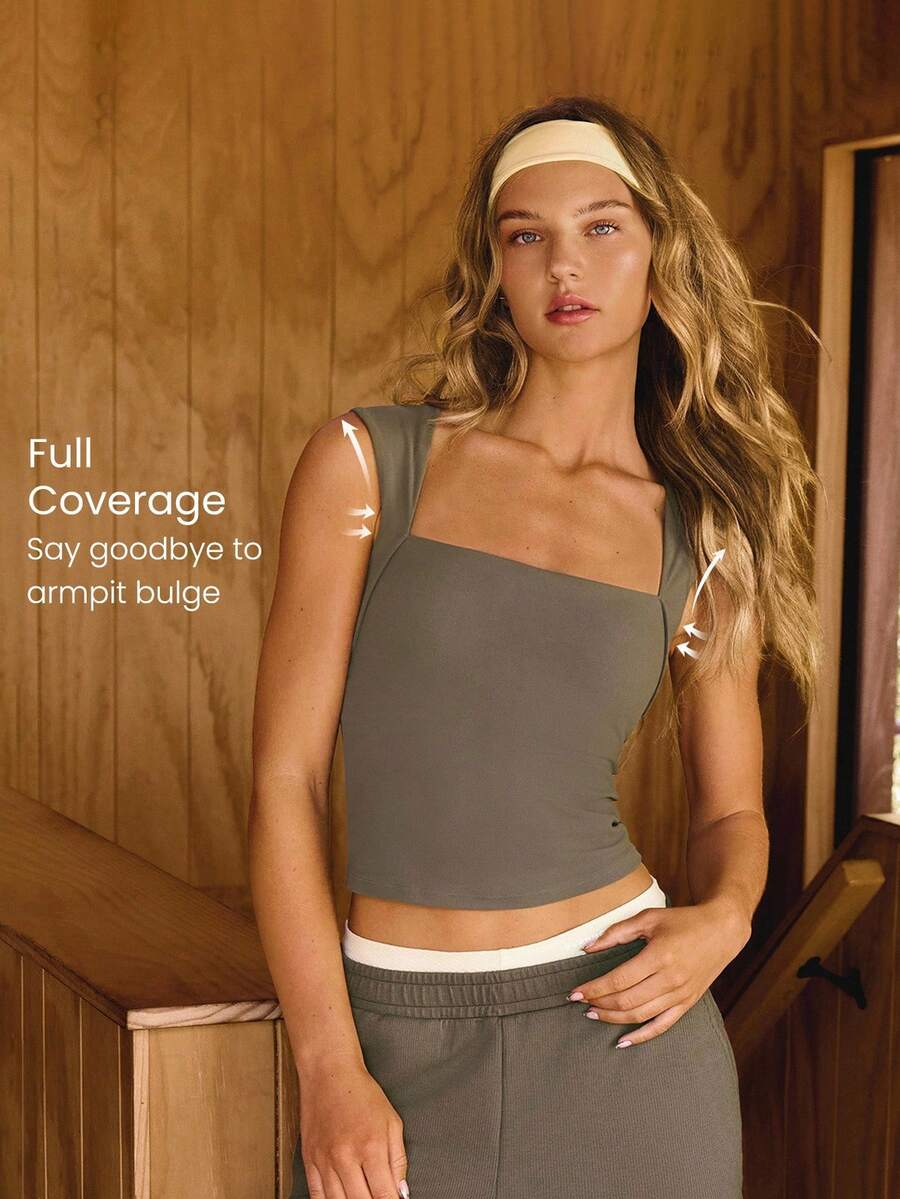 GLOWMODE FeatherFit™ Full Underarm Hip Length Square Neck Basic Tank Top Low Impact Yoga Pilates Studio Daily Removable Cups Fall Winter