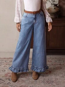 EMERY ROSE Women's Loose Casual Flared Jeans With Pockets And Ruffle Hem - Blue - View 3