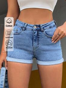 RueChic 98%Cotton Elastic Low Waist Folded Hem Detailed Shorts - Medium Wash - View 1