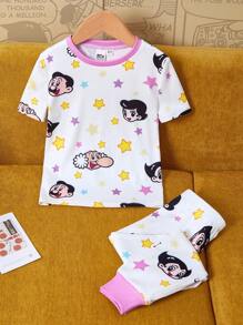 Astro Boy X SHEIN 2pcs Young Girl Star & Cartoon Figure Graphic Round Neck Short Sleeve Top And Leggings Knit Tight Pajama Set - White - View 6
