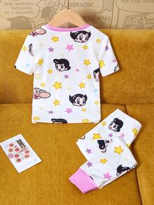 Astro Boy X SHEIN 2pcs Young Girl Star & Cartoon Figure Graphic Round Neck Short Sleeve Top And Leggings Knit Tight Pajama Set - White - View 2