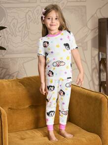 Astro Boy X SHEIN 2pcs Young Girl Star & Cartoon Figure Graphic Round Neck Short Sleeve Top And Leggings Knit Tight Pajama Set - White - View 7